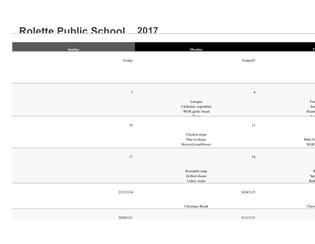 Rolette Public School, DECEMBER MENU