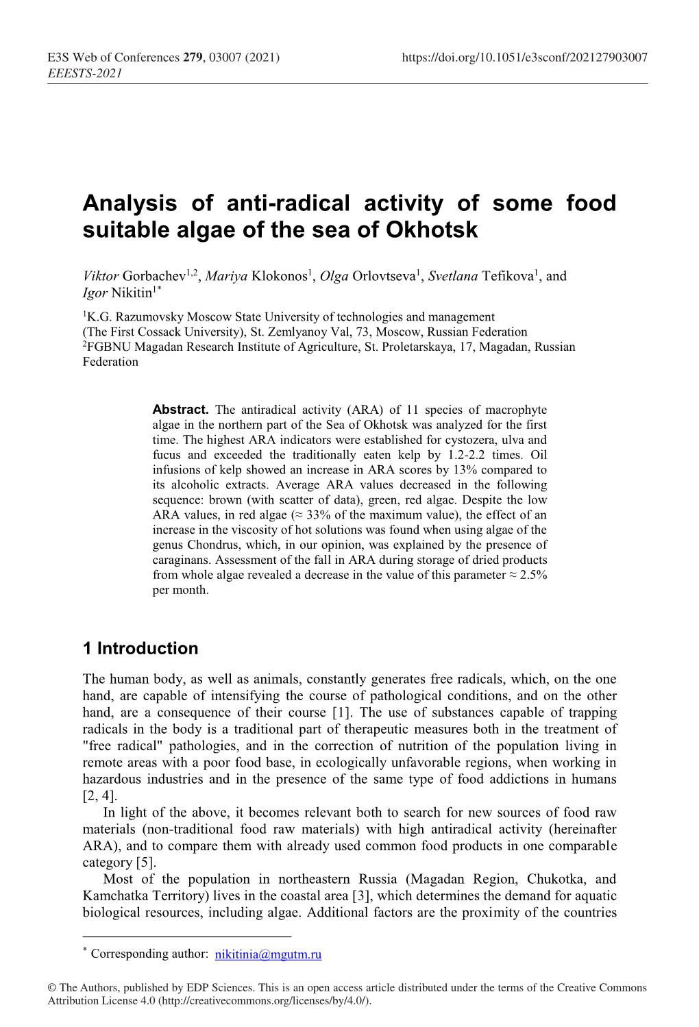 Analysis of Anti-Radical Activity of Some Food Suitable Algae of the Sea of Okhotsk