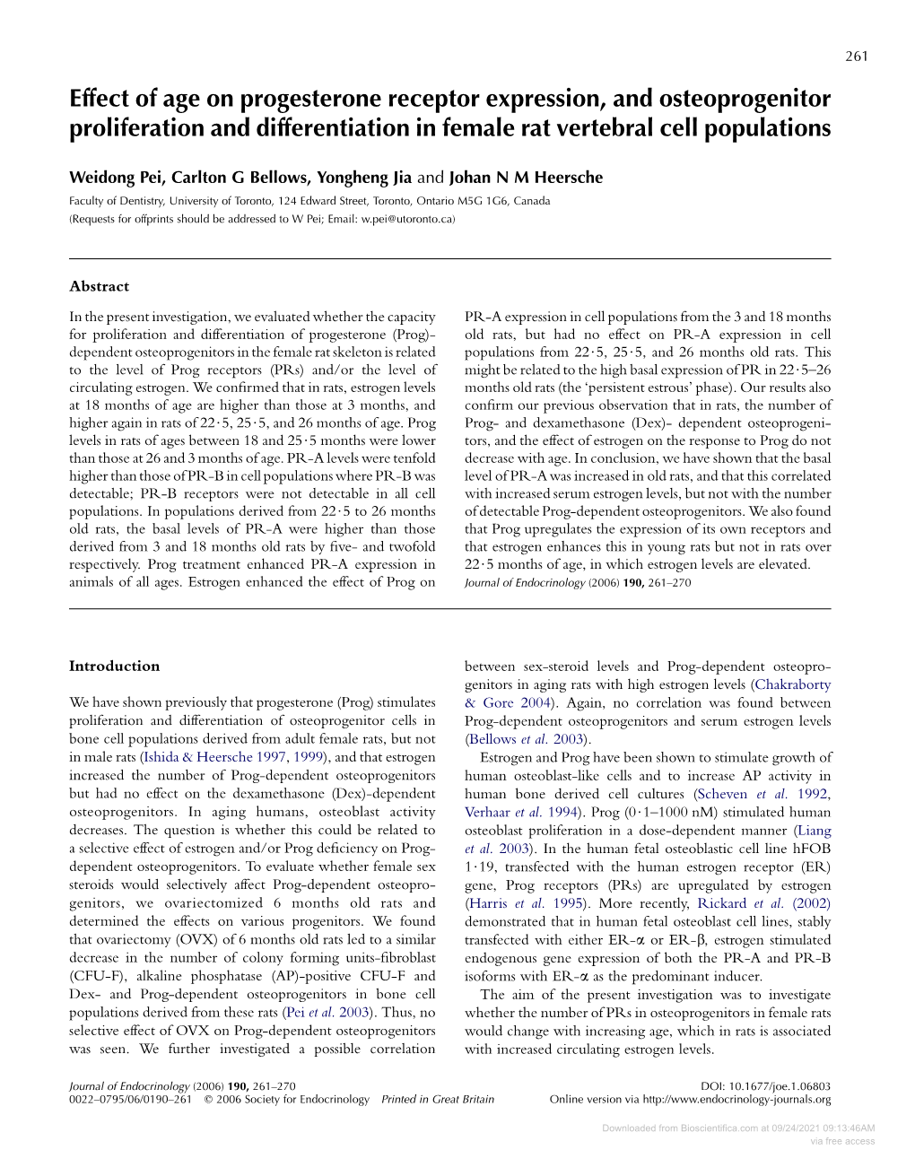 Downloaded from Bioscientifica.Com at 09/24/2021 09:13:46AM Via Free Access 262 W PEI and Others $ Aging, Osteoprogenitors and Progesterone Receptors