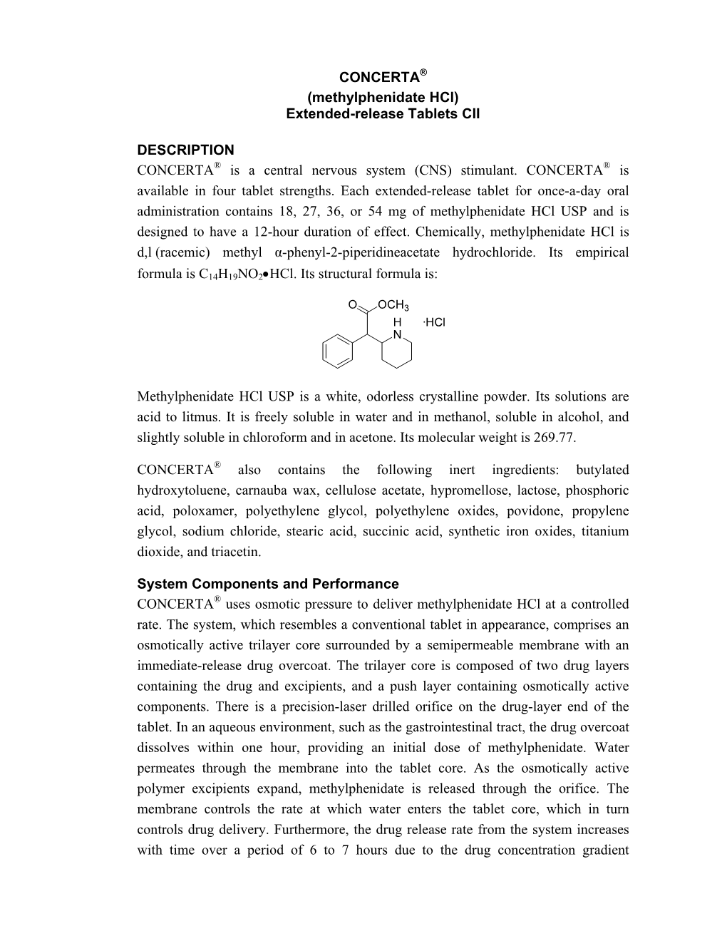 CONCERTA® (Methylphenidate Hcl) Extended-Release Tablets CII