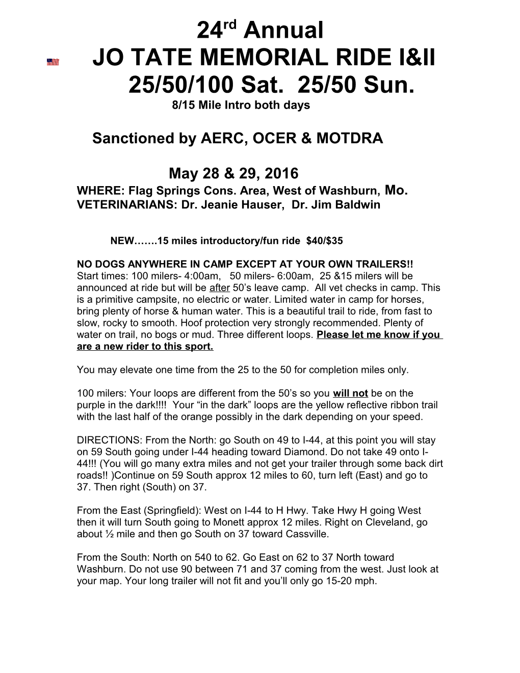 JO TATE MEMORIAL RIDE I&II 35/50/100 Sat