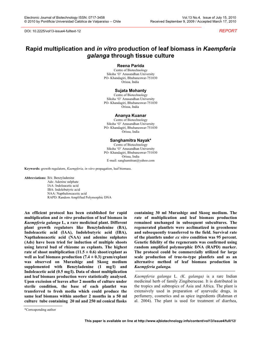 Rapid Multiplication and in Vitro Production of Leaf Biomass in Kaempferia Galanga Through Tissue Culture