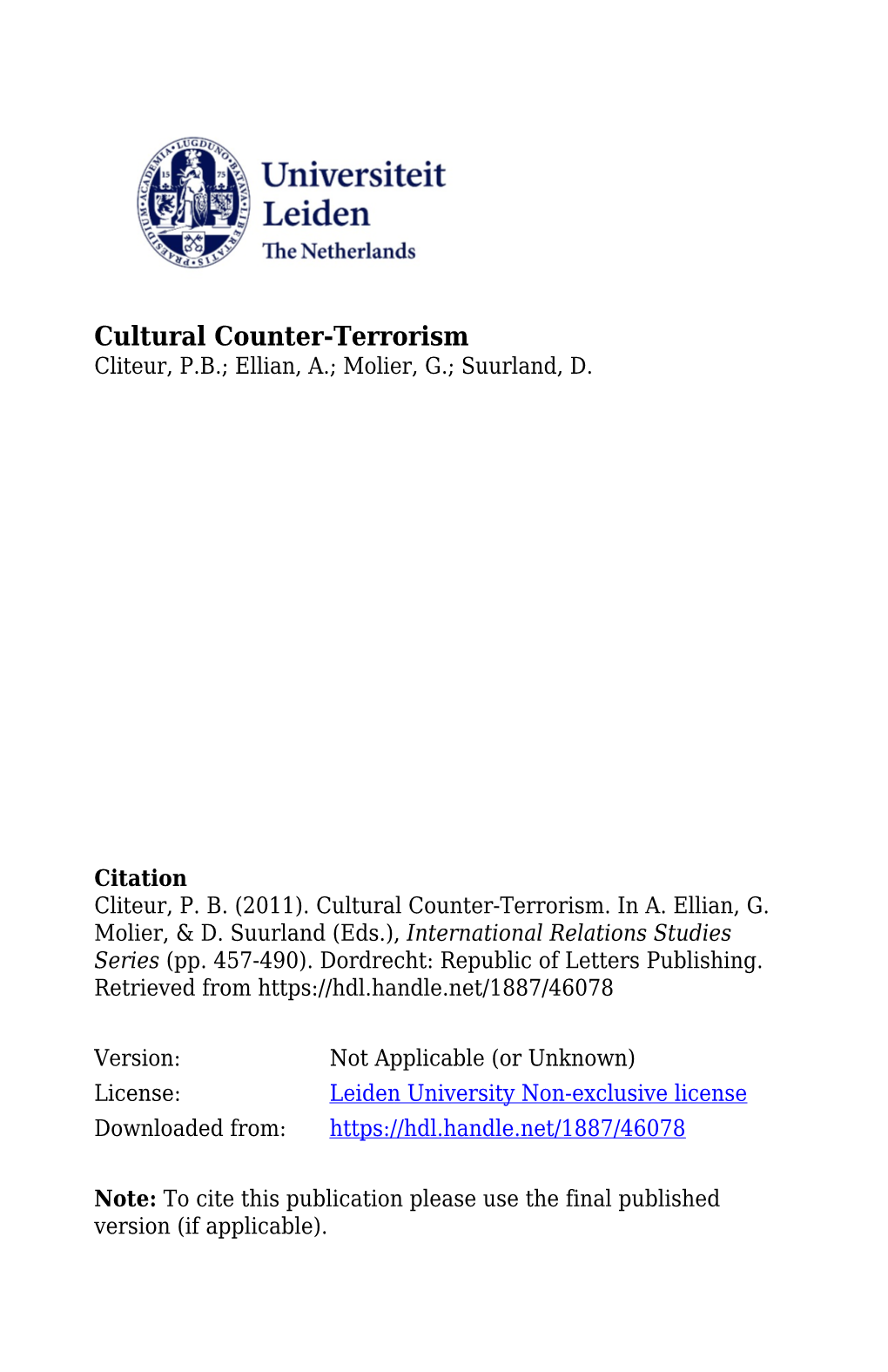 Cultural Counter-Terrorism Cliteur, P.B.; Ellian, A.; Molier, G.; Suurland, D