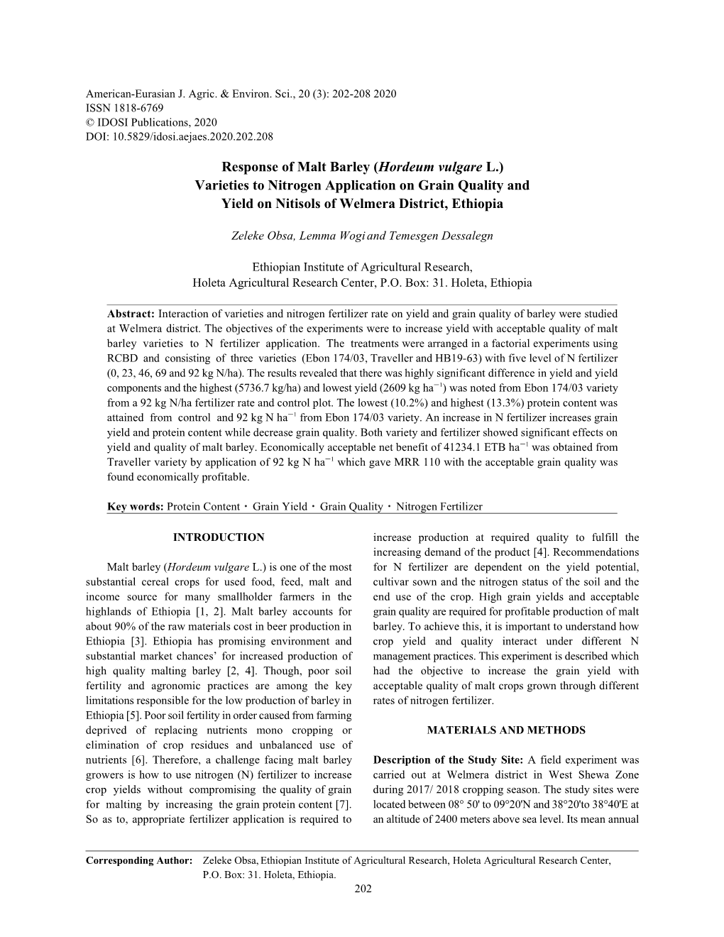 Response of Malt Barley (Hordeum Vulgare L.) Varieties to Nitrogen Application on Grain Quality and Yield on Nitisols of Welmera District, Ethiopia