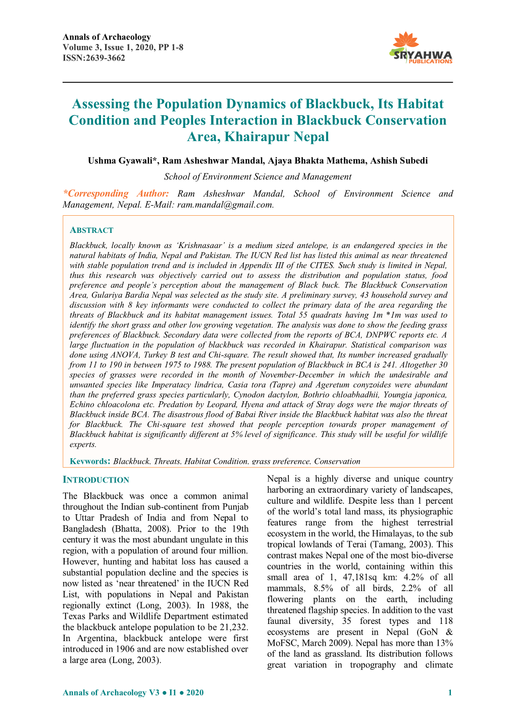 Assessing the Population Dynamics of Blackbuck, Its Habitat Condition and Peoples Interaction in Blackbuck Conservation Area, Khairapur Nepal