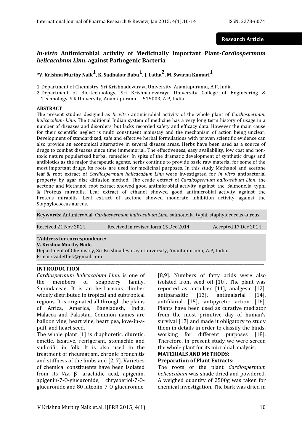 In-Virto Antimicrobial Activity of Medicinally Important Plant-Cardiospermum Helicacabum Linn