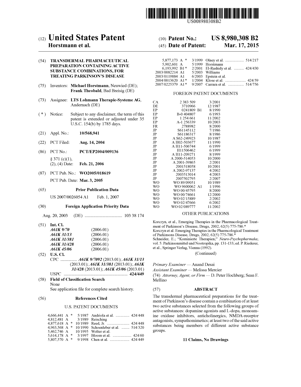 (12) United States Patent (10) Patent No.: US 8,980,308 B2 Horstmann Et Al