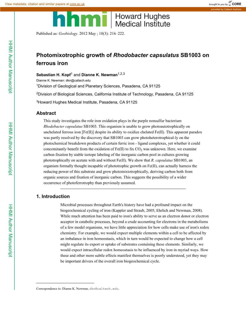 Photomixotrophic Growth of Rhodobacter Capsulatus SB1003 on Ferrous Iron