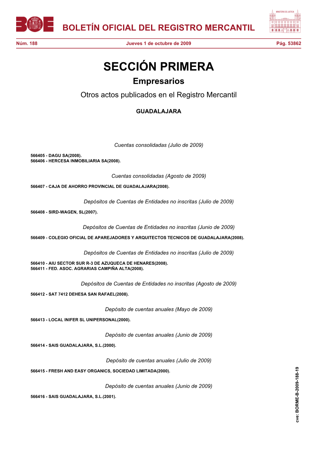 Actos De GUADALAJARA Del BORME Núm. 188 De 2009