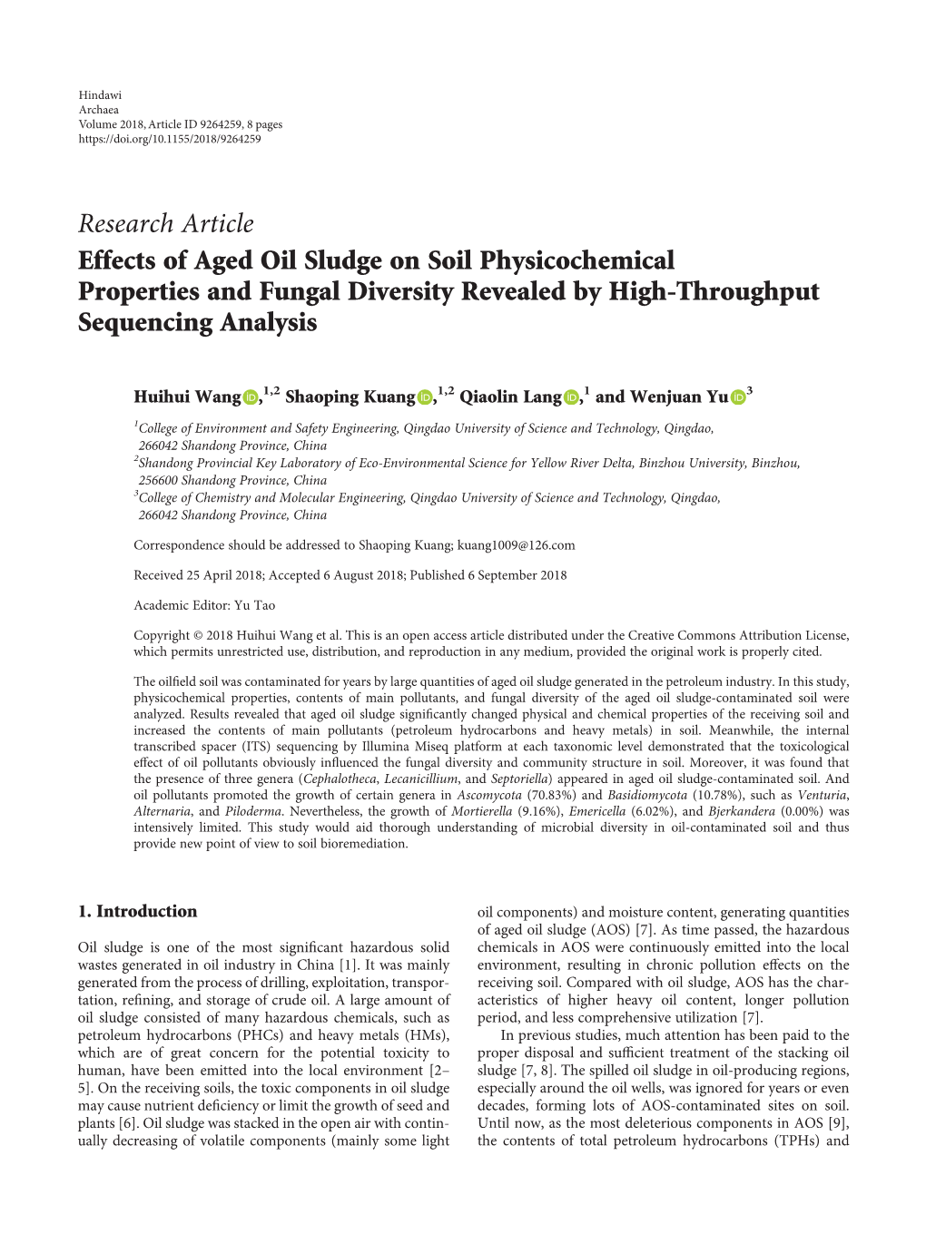 Effects of Aged Oil Sludge on Soil Physicochemical Properties and Fungal Diversity Revealed by High-Throughput Sequencing Analysis