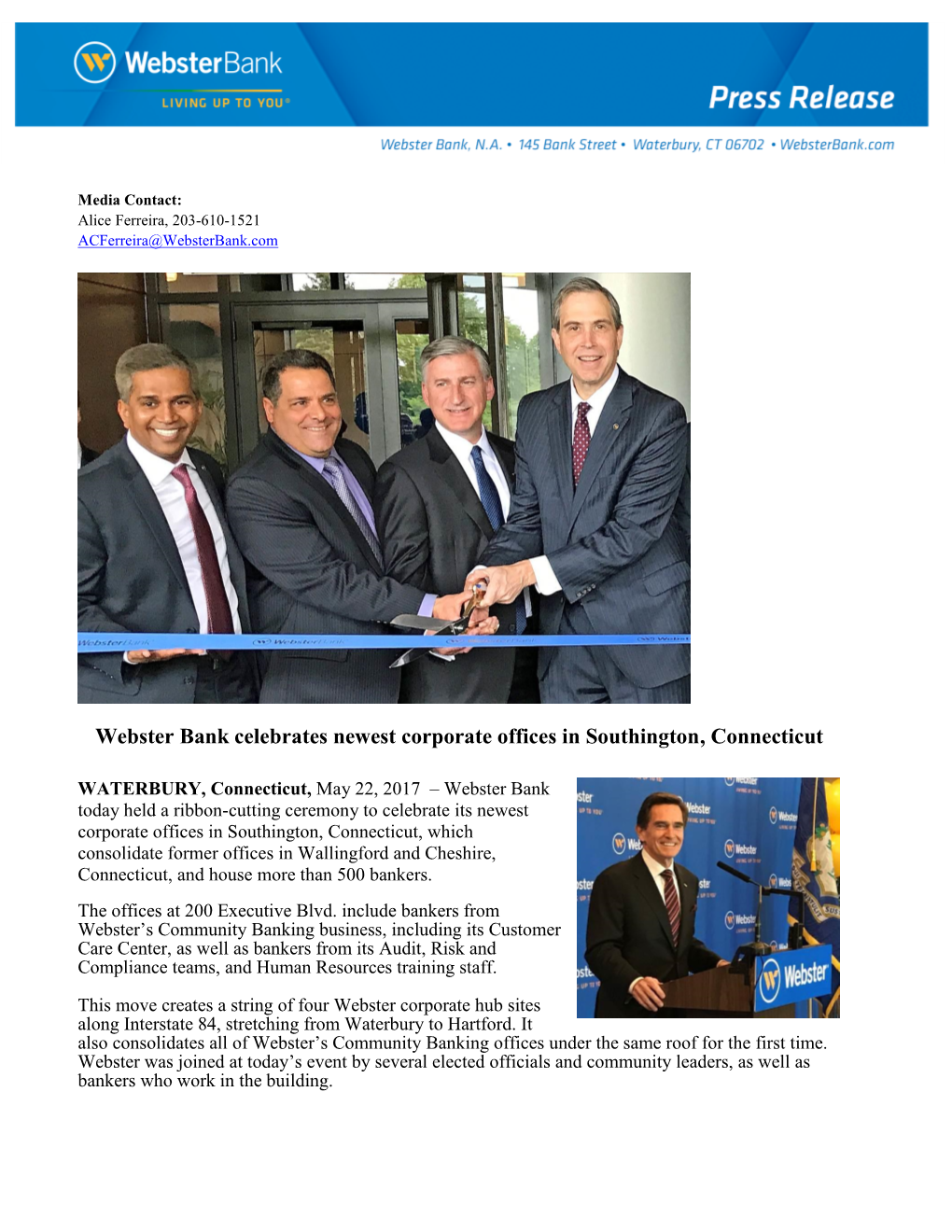 Webster Bank Celebrates Newest Corporate Offices in Southington, Connecticut