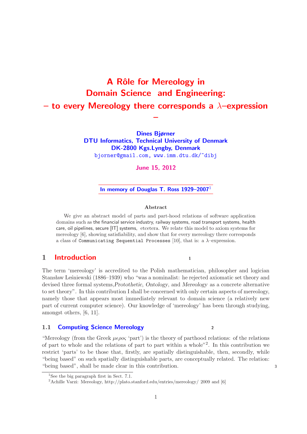 A Rôle for Mereology in Domain Science And