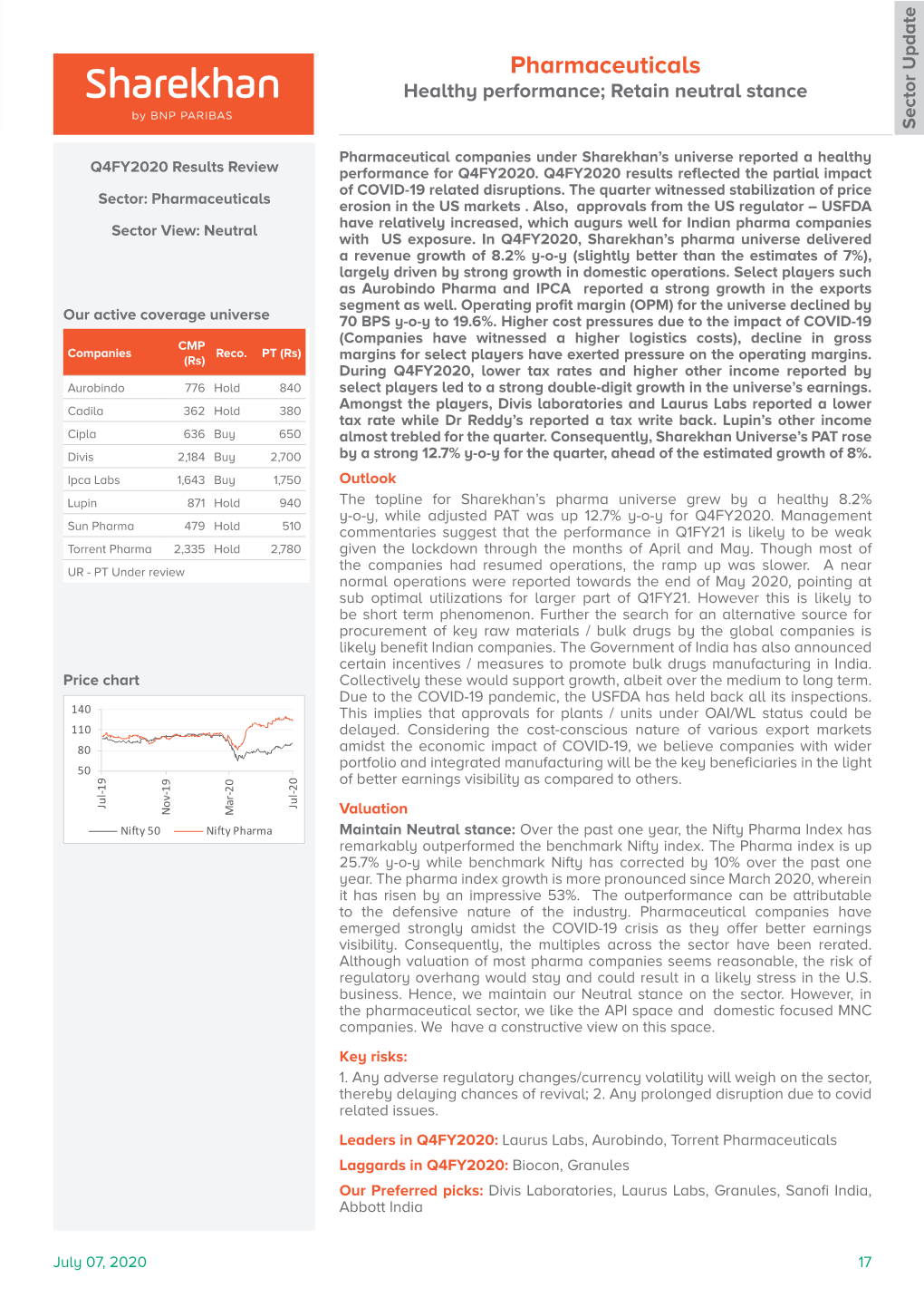 Pharmaceuticals Healthy Performance; Retain Neutral Stance Sector Update