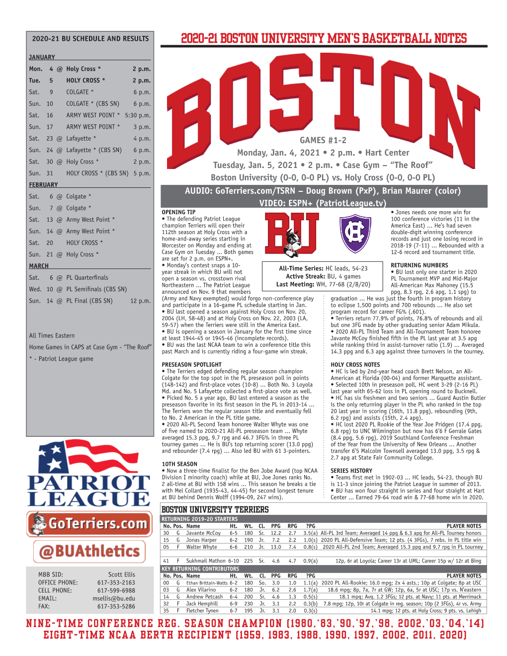 2020-21 Boston University Men's Basketball Notes
