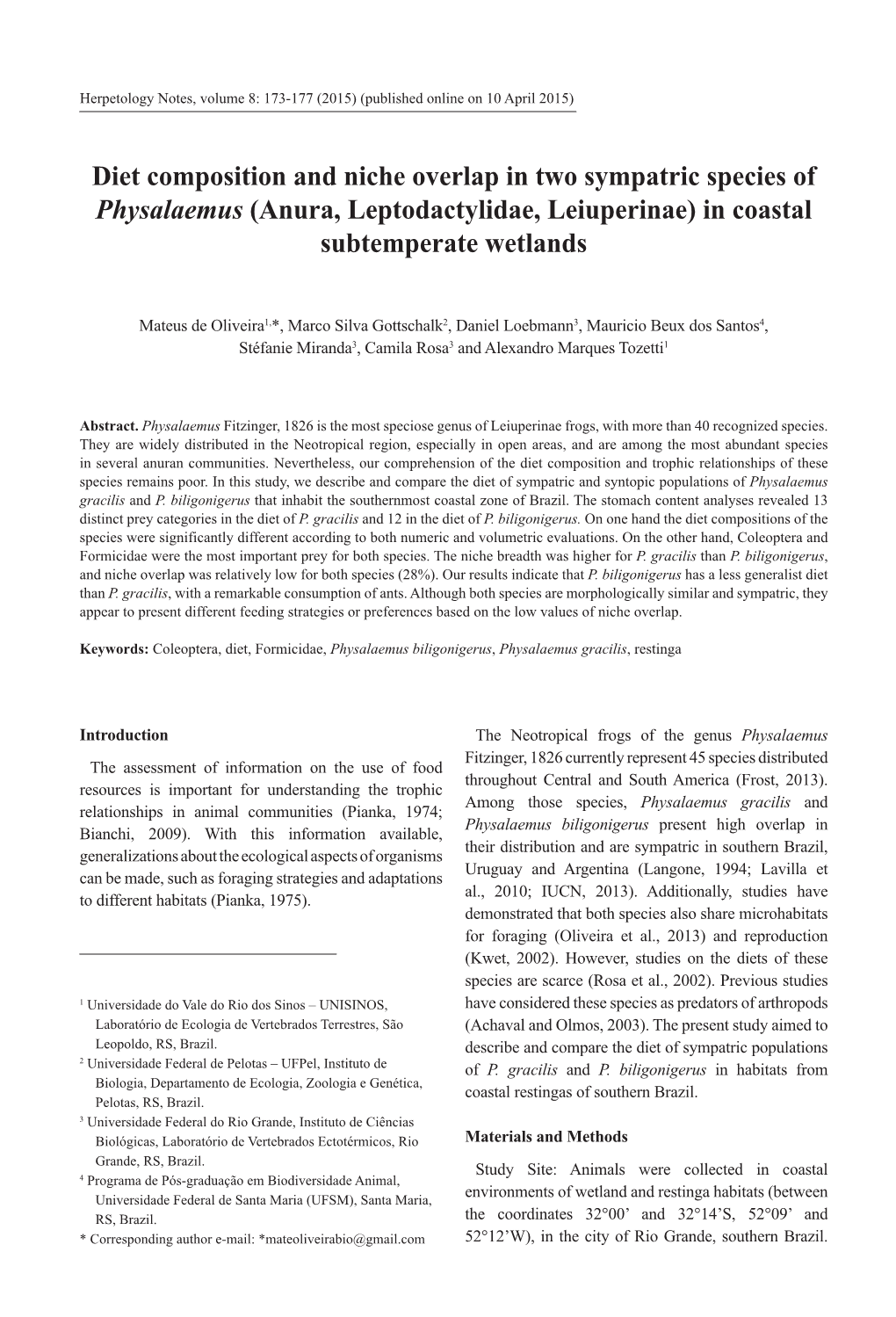 Diet Composition and Niche Overlap in Two Sympatric Species of Physalaemus (Anura, Leptodactylidae, Leiuperinae) in Coastal Subtemperate Wetlands