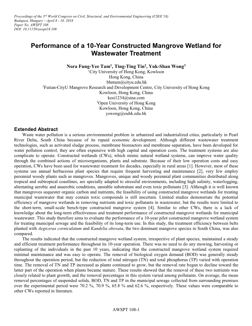 Performance of a 10-Year Constructed Mangrove Wetland for Wastewater Treatment