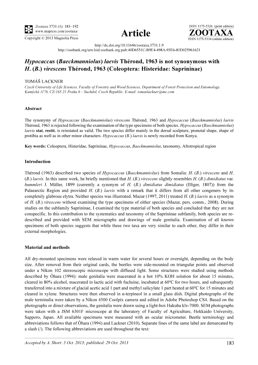 Hypocaccus (Baeckmanniolus) Laevis Thérond, 1963 Is Not Synonymous with H