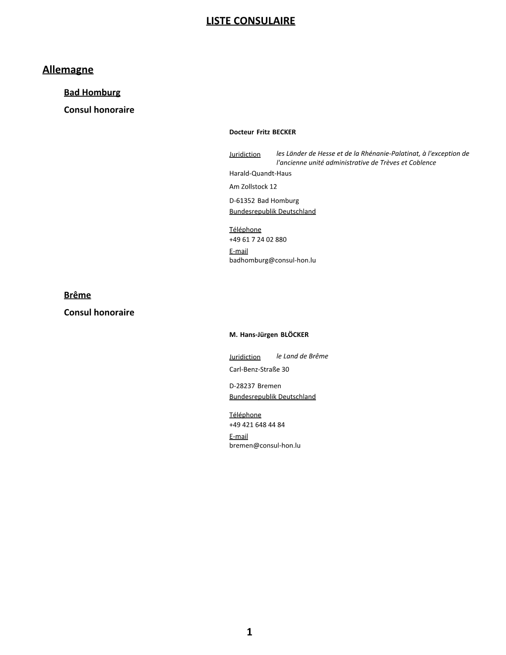 Annuaire Représentations Consulaires Du Grand-Duché De Luxembourg À