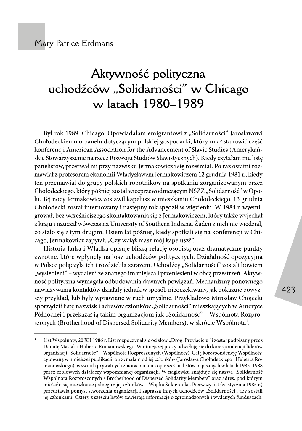 Aktywność Polityczna Uchodźców „Solidarności” W Chicago W Latach 1980–1989