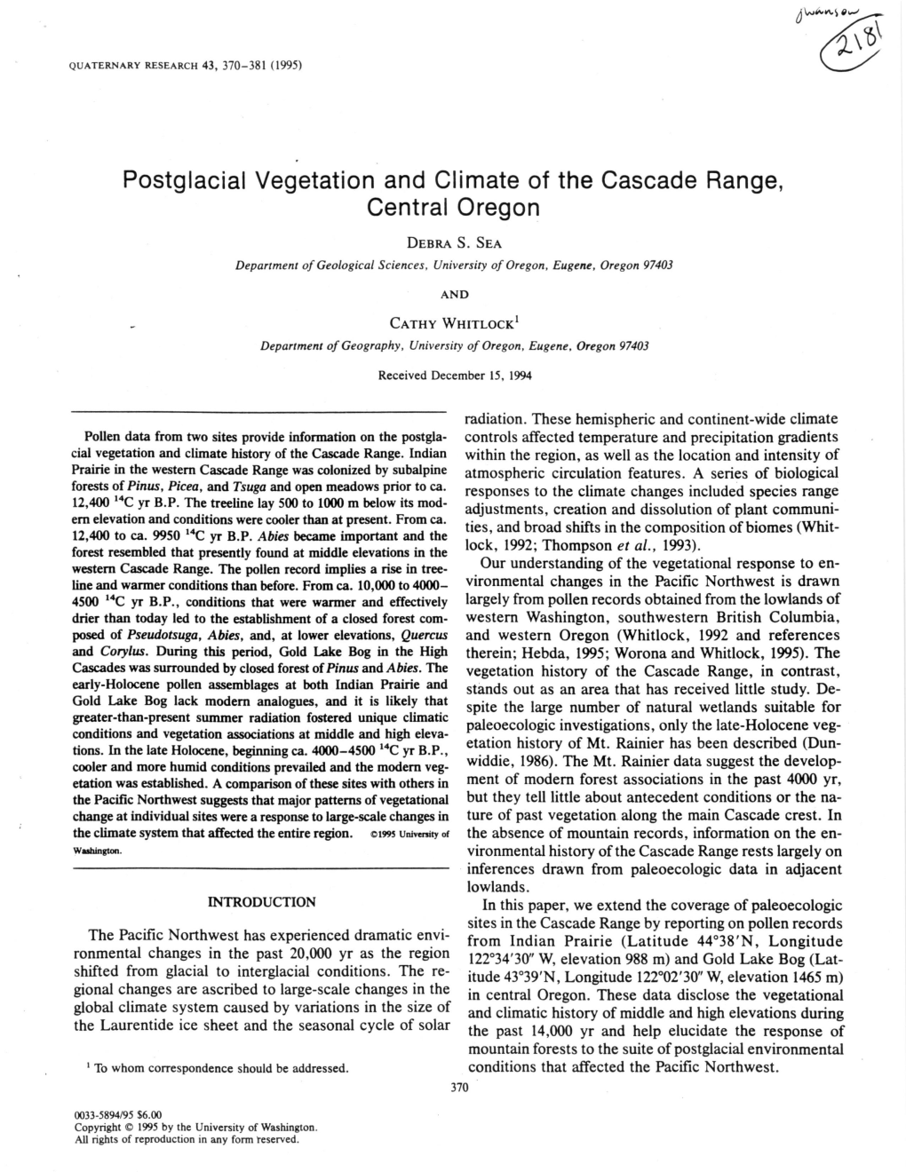 Postglacial Vegetation and Climate of the Cascade Range, Central Oregon DEBRA S