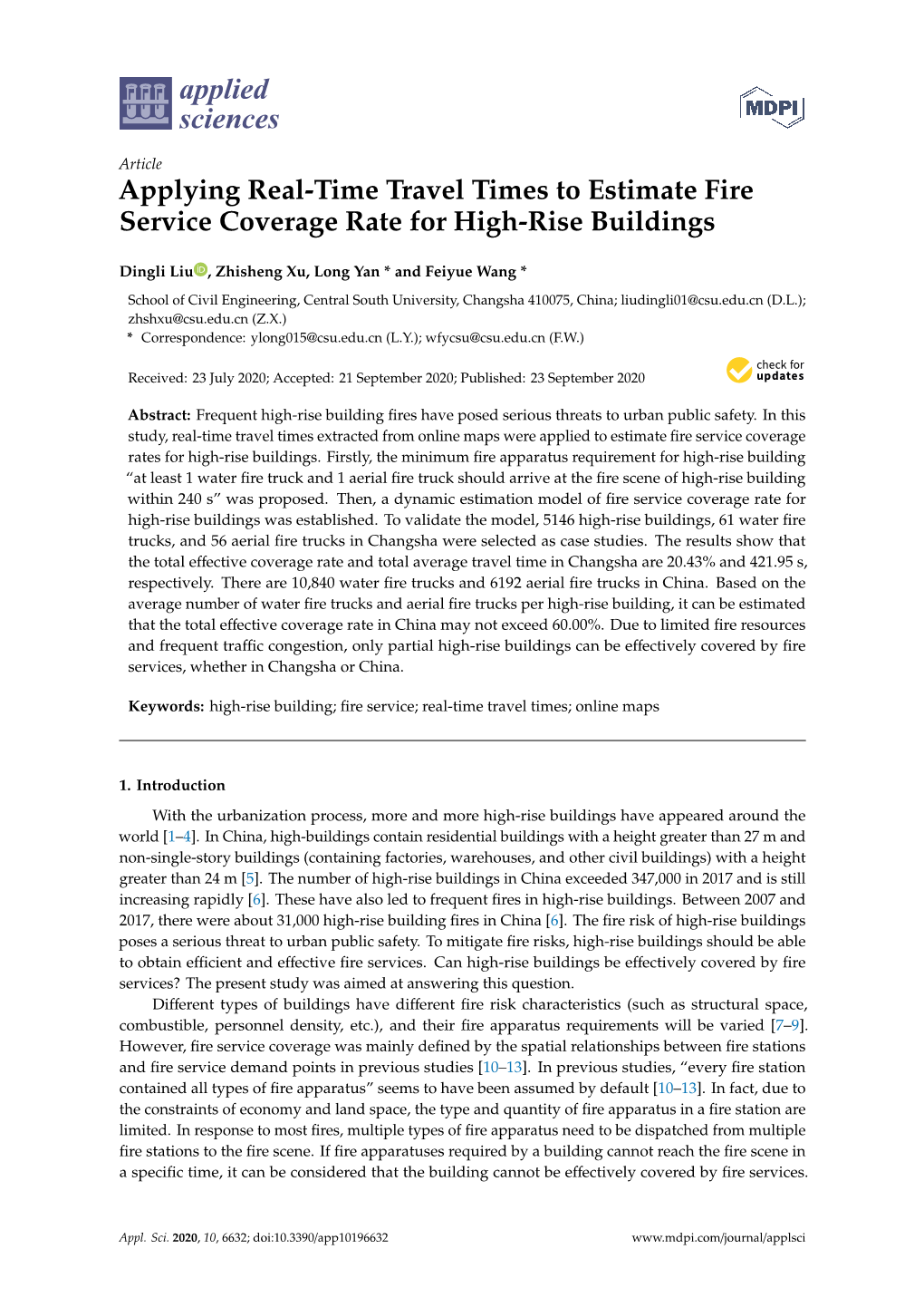 Applying Real-Time Travel Times to Estimate Fire Service Coverage Rate for High-Rise Buildings