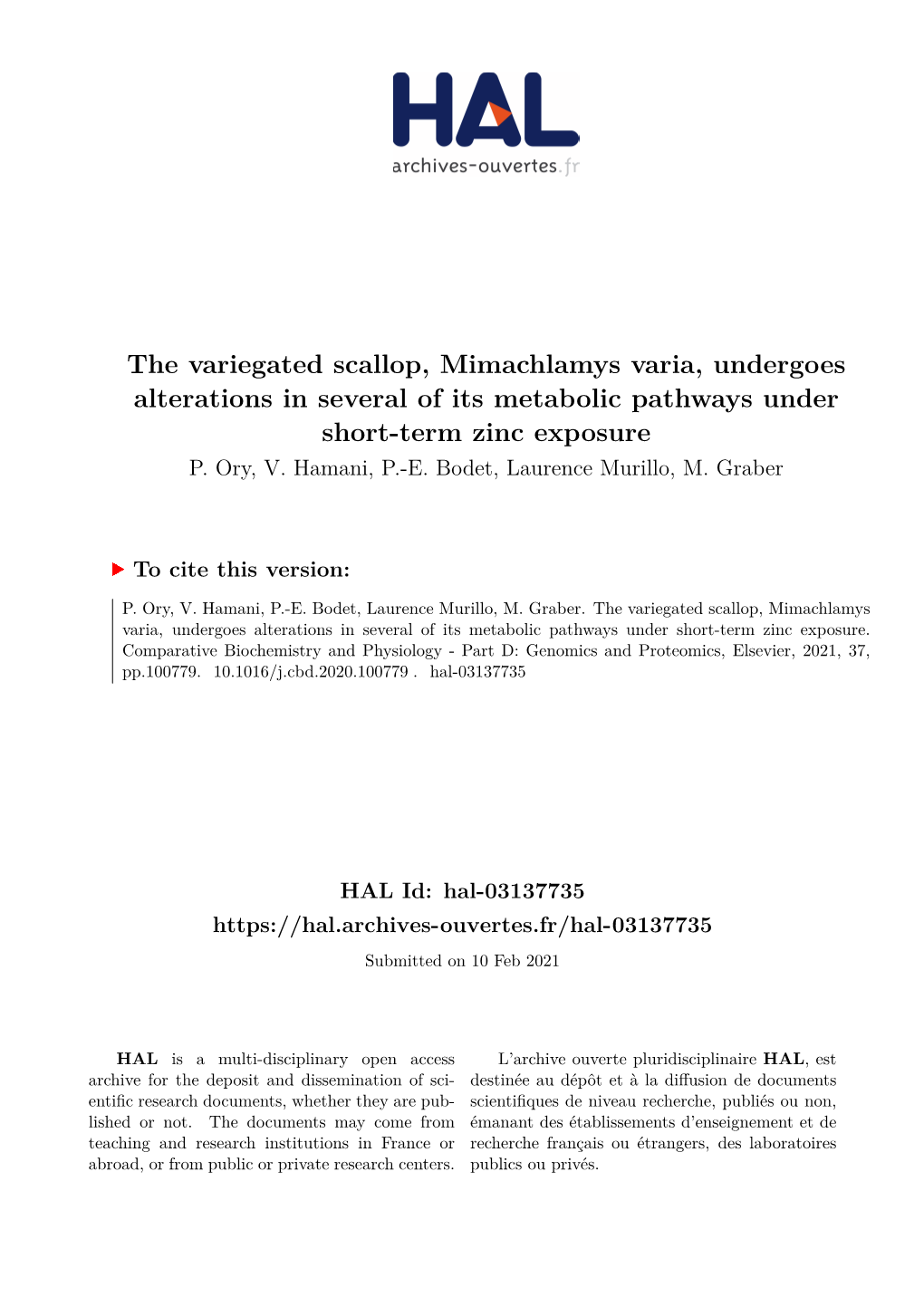 The Variegated Scallop, Mimachlamys Varia, Undergoes Alterations in Several of Its Metabolic Pathways Under Short-Term Zinc Exposure P