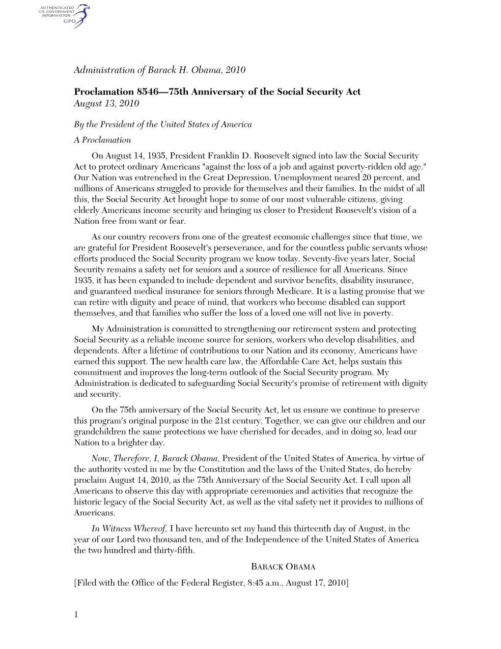 Administration of Barack H. Obama, 2010 Proclamation 8546—75Th Anniversary of the Social Security Act August 13, 2010