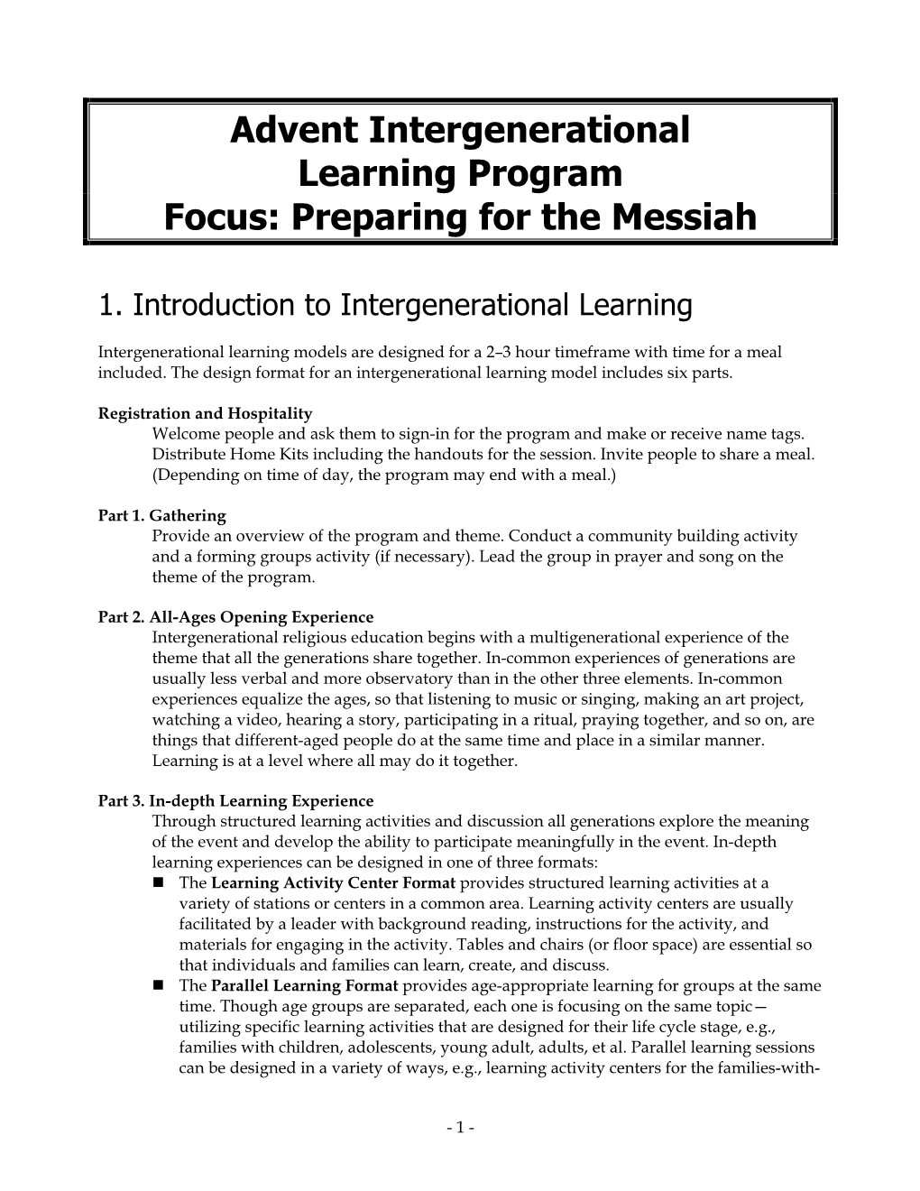 Advent Intergenerational Learning Program Focus: Preparing for the Messiah