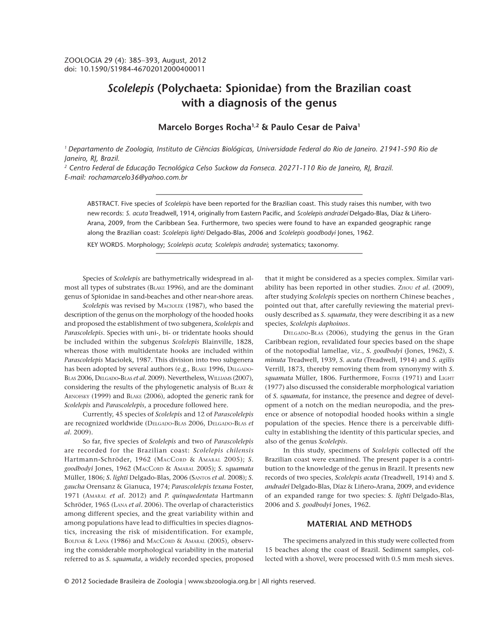 Scolelepis (Polychaeta: Spionidae) from the Brazilian Coast with a Diagnosis of the Genus