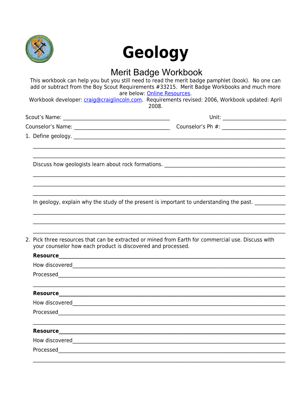 Geology P. 2 Merit Badge Workbook Scout's Name: ______