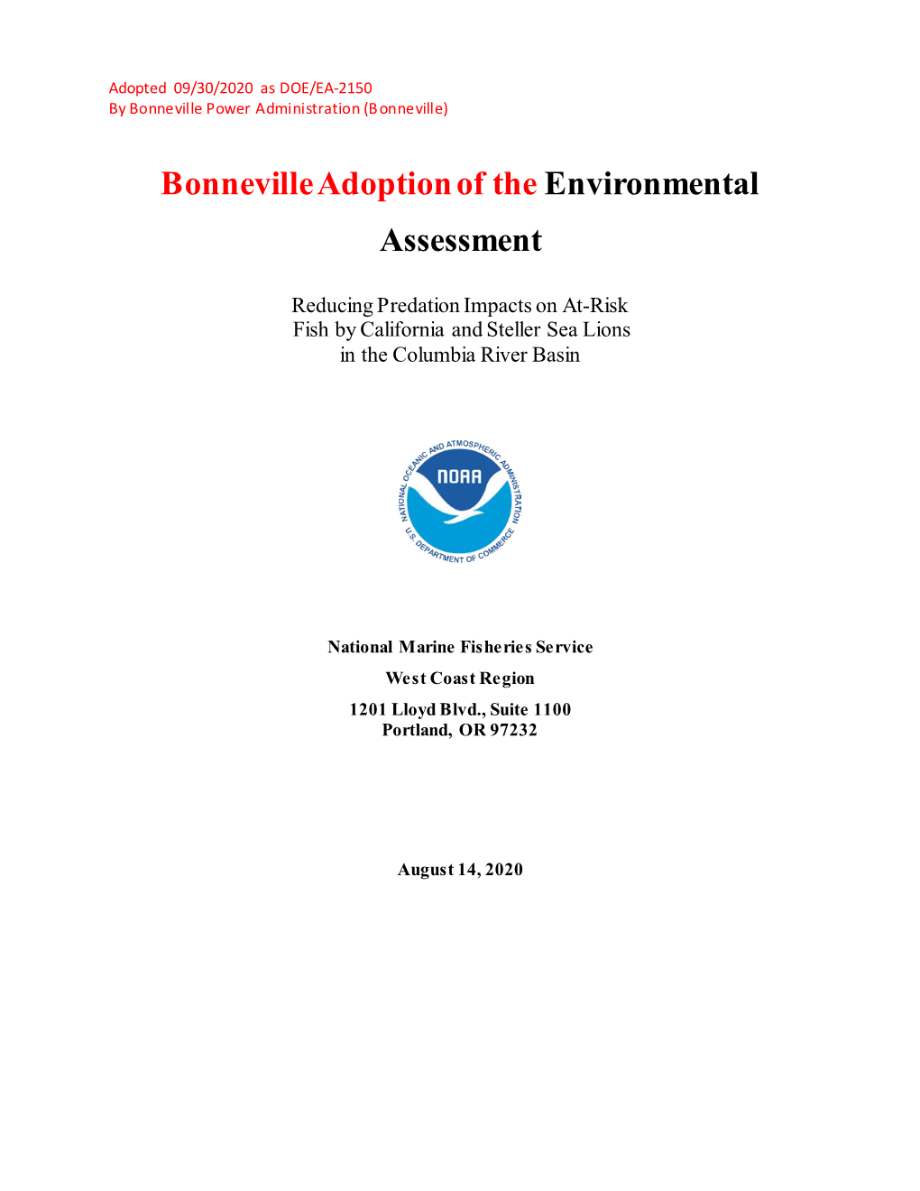 Bonneville Adoption of the Environmental Assessment