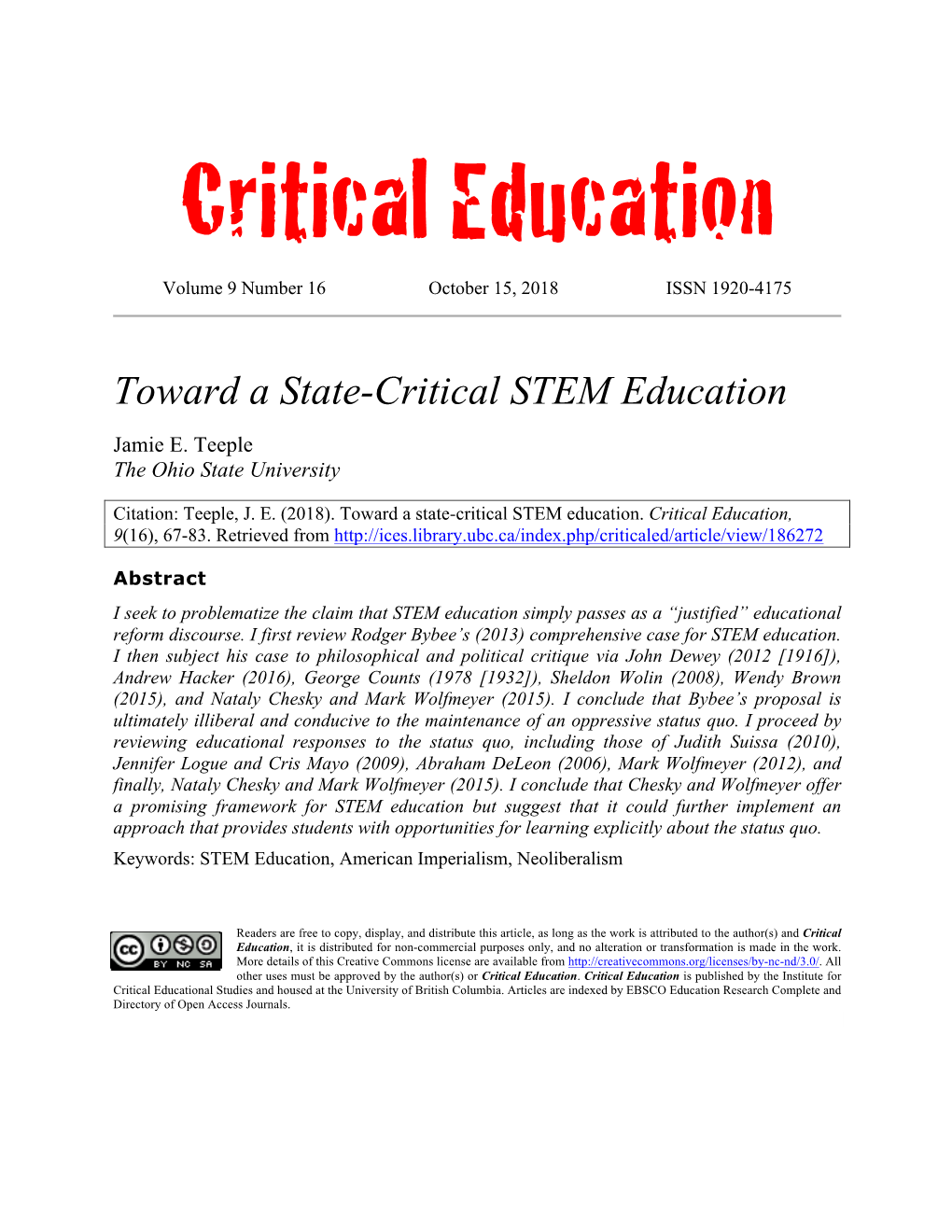 Toward a State-Critical STEM Education