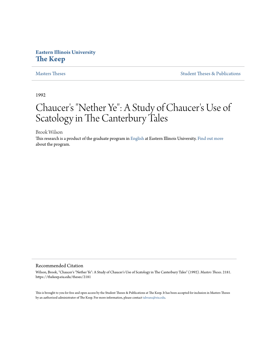 A Study of Chaucer's Use of Scatology in the Canterbury Tales