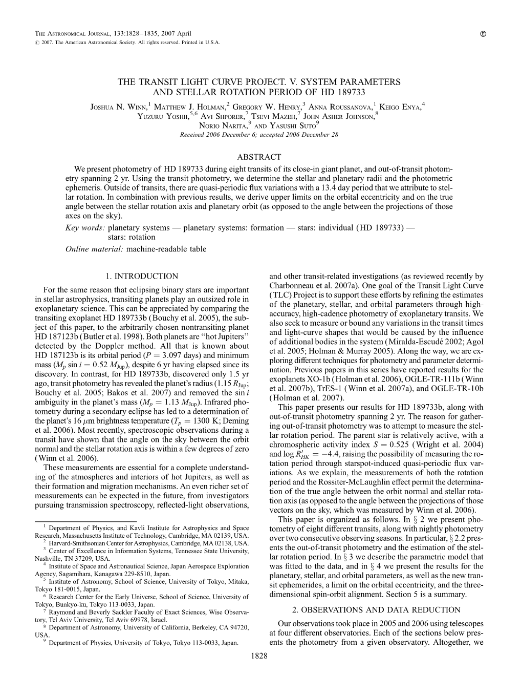 THE TRANSIT LIGHT CURVE PROJECT. V. SYSTEM PARAMETERS and STELLAR ROTATION PERIOD of HD 189733 Joshua N