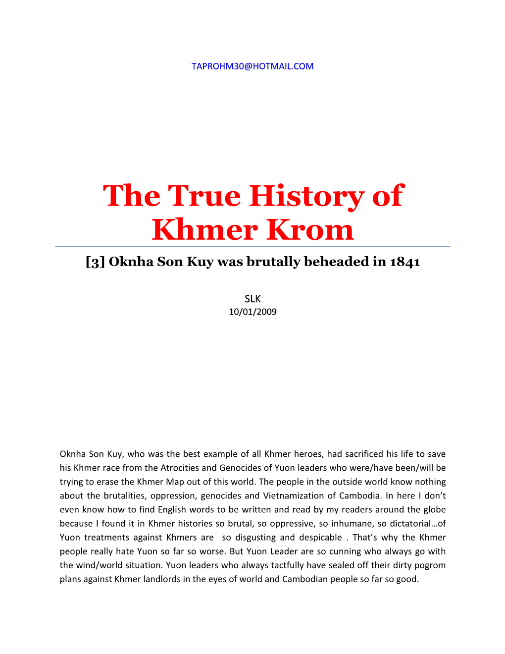 The True History of Khmer Krom [3] Oknha Son Kuy Was Brutally Beheaded in 1841