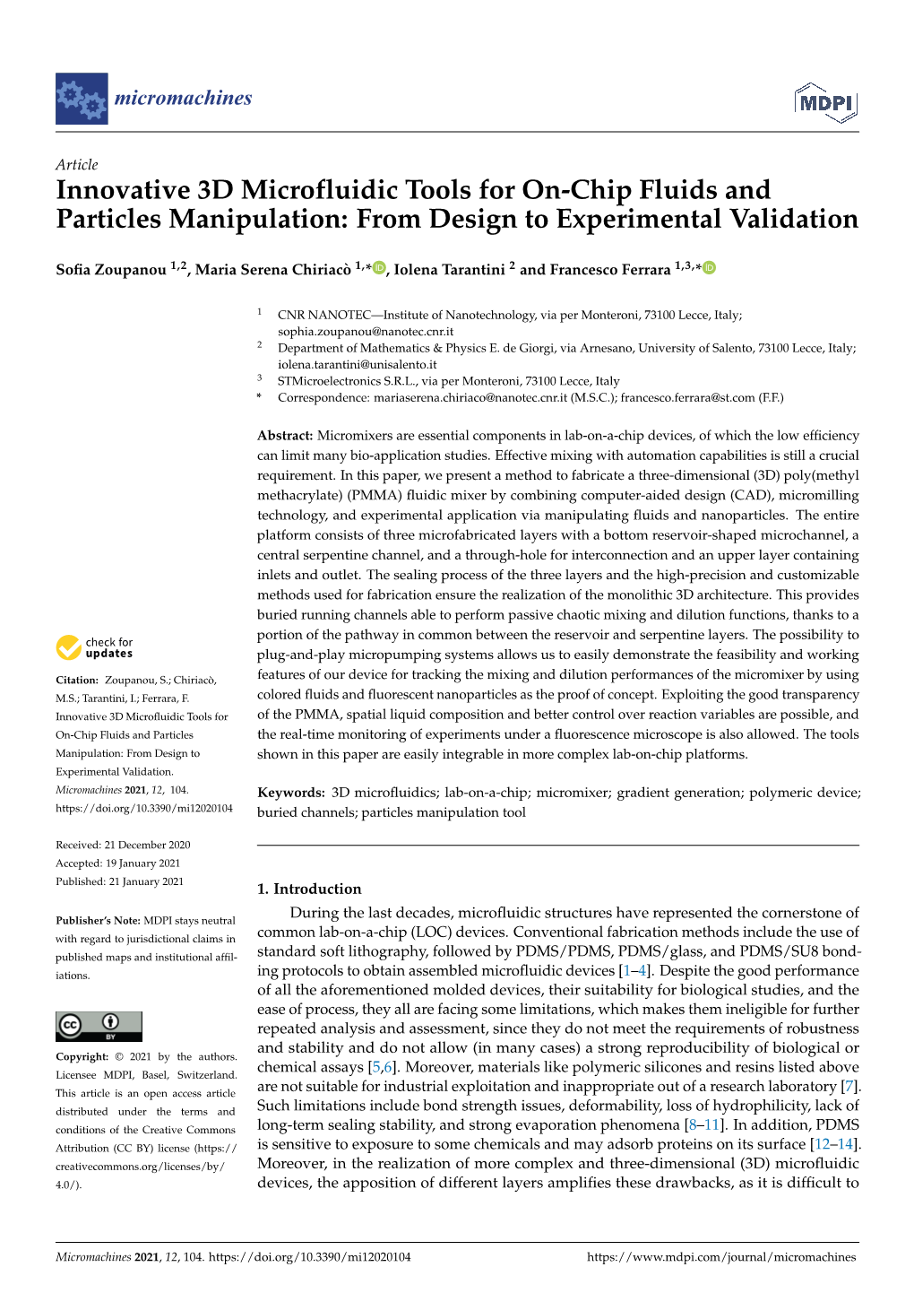 Innovative 3D Microfluidic Tools for On-Chip Fluids and Particles Manipulation: from Design to Experimental Validation