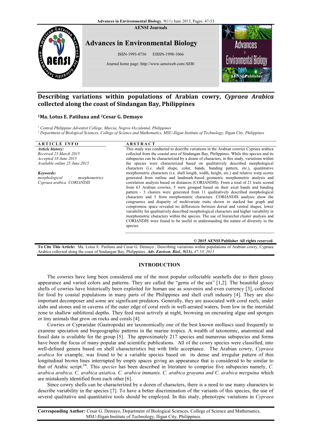 Advances in Environmental Biology, 9(11) June 2015, Pages: 47-53 AENSI Journals