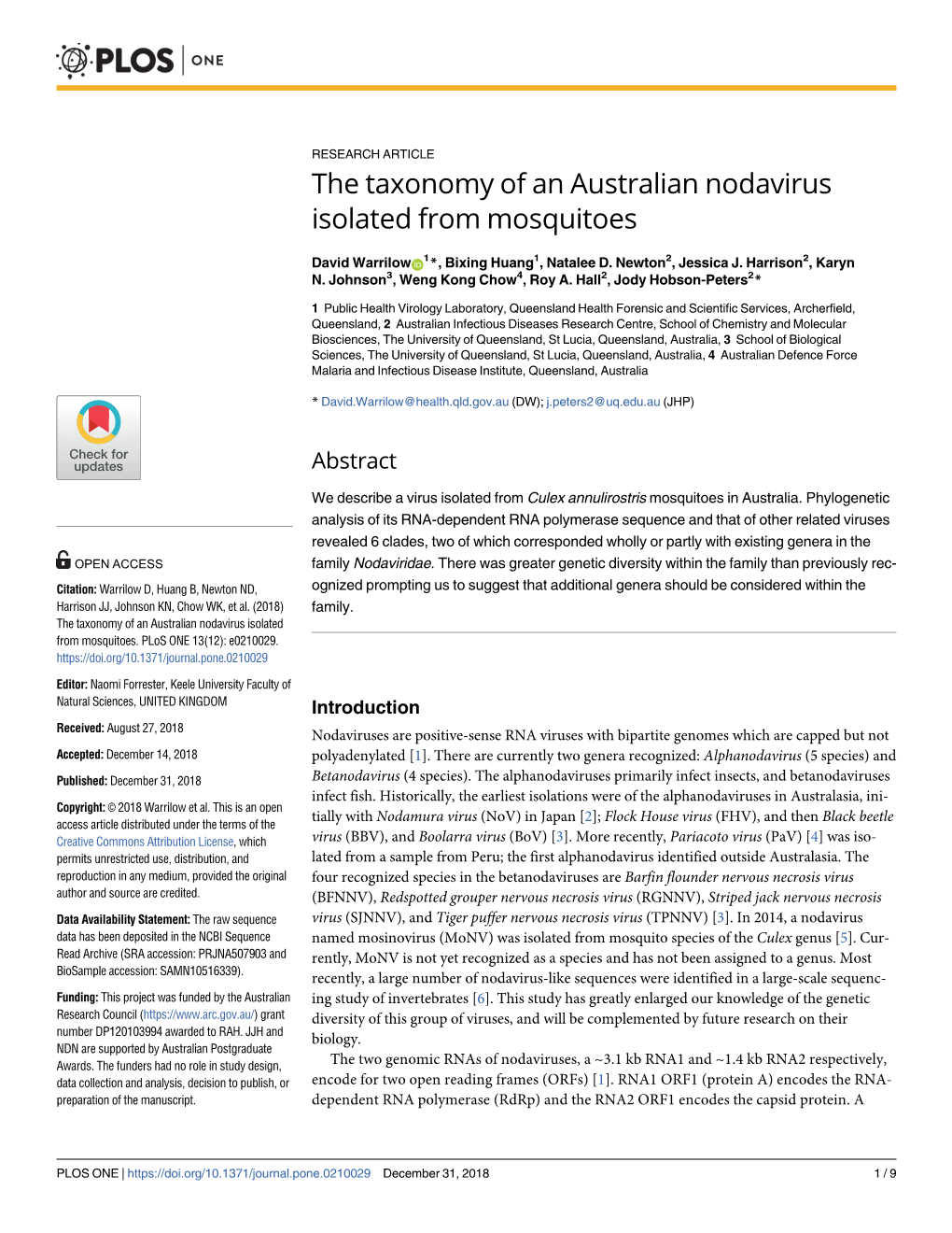 The Taxonomy of an Australian Nodavirus Isolated from Mosquitoes