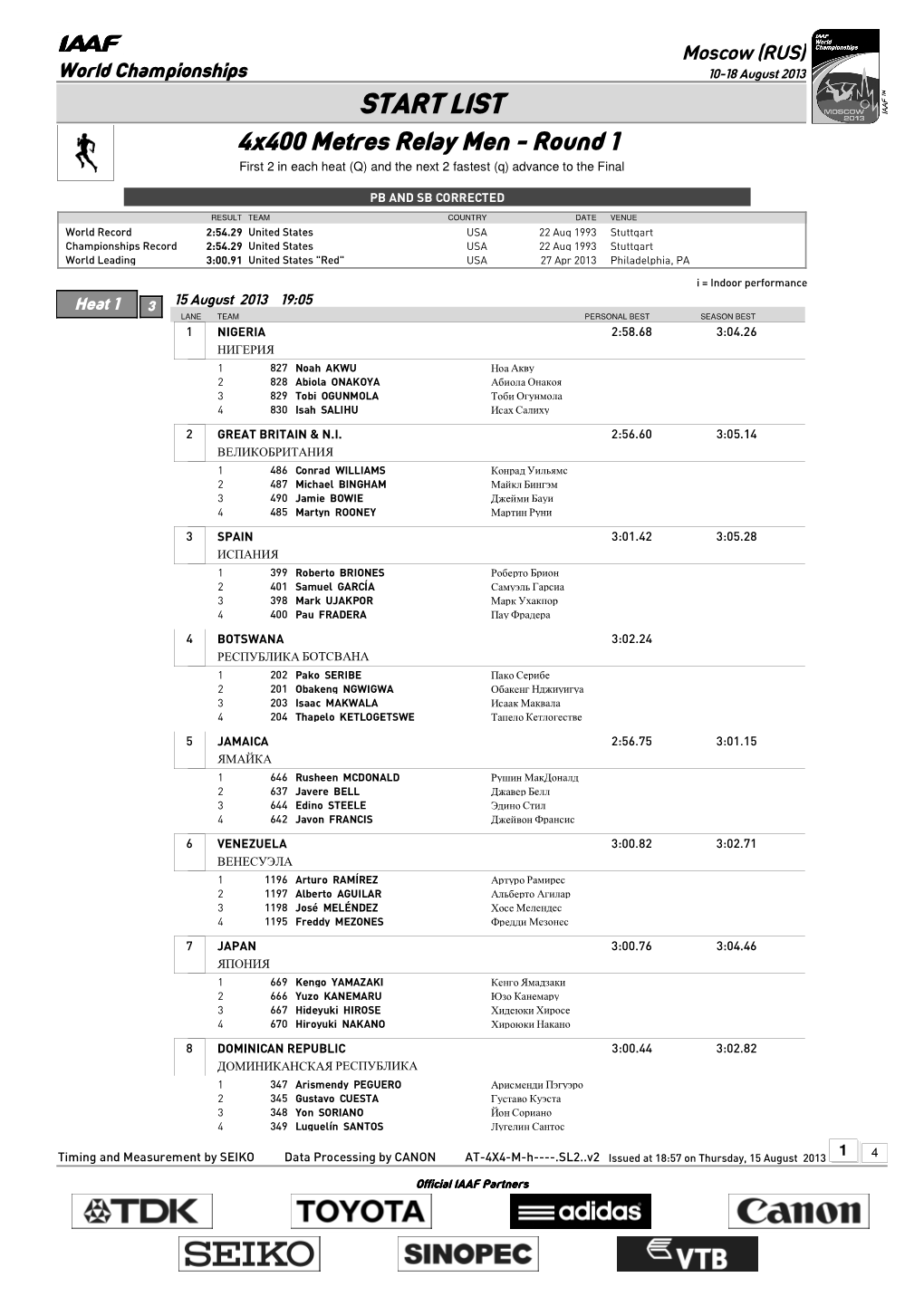 START LIST 4X400 Metres Relay Men - Round 1 First 2 in Each Heat (Q) and the Next 2 Fastest (Q) Advance to the Final