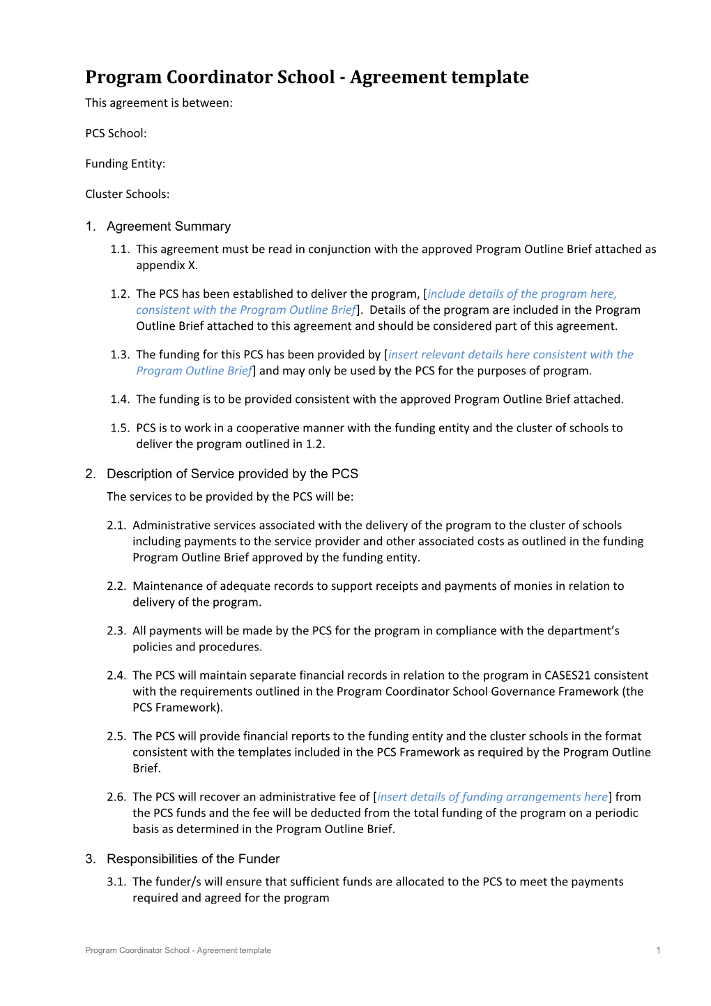 Program Coordinator School Agreement Template