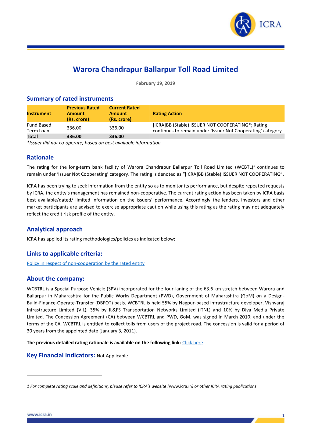 Warora Chandrapur Ballarpur Toll Road Limited