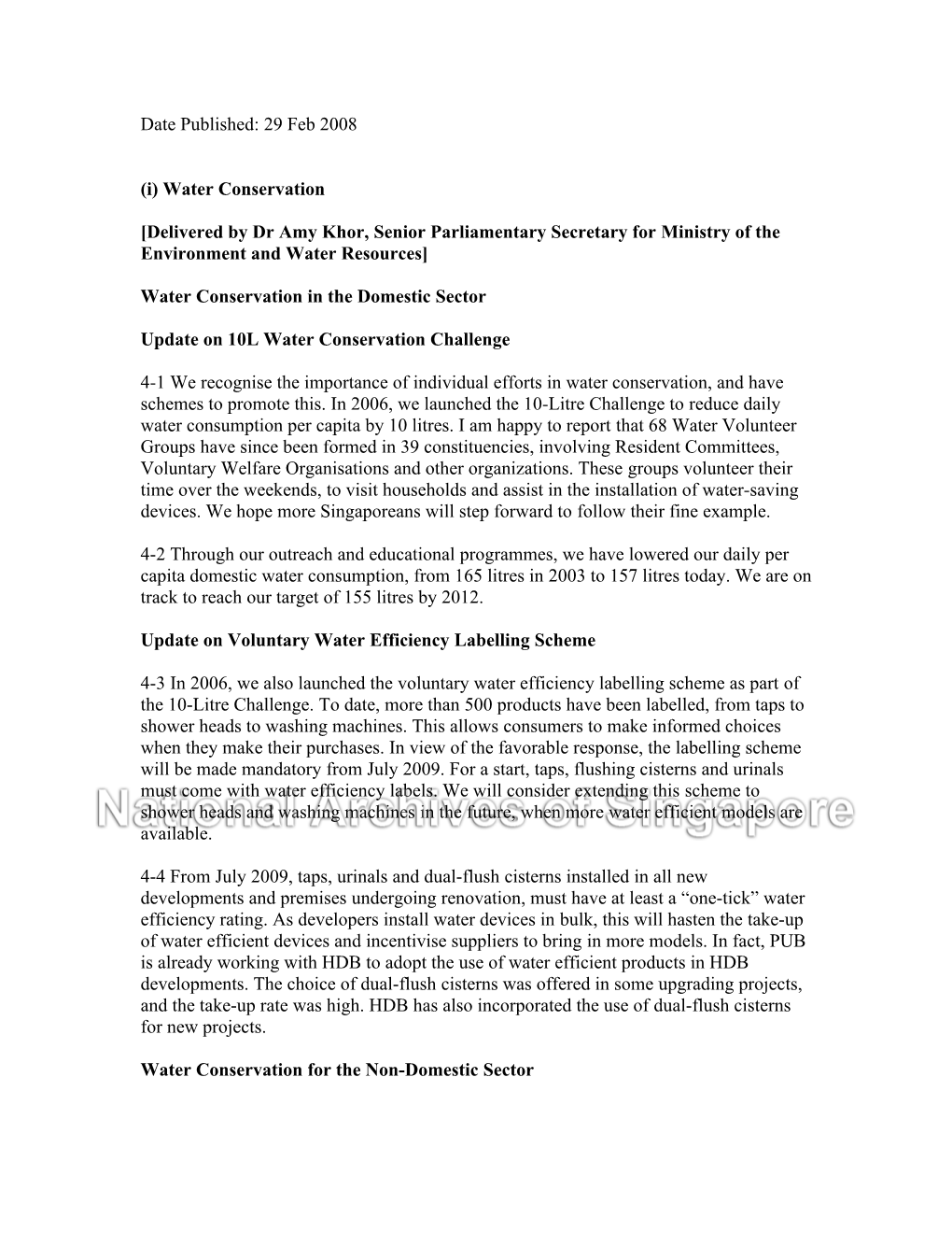 Date Published: 29 Feb 2008 (I) Water Conservation [Delivered by Dr Amy