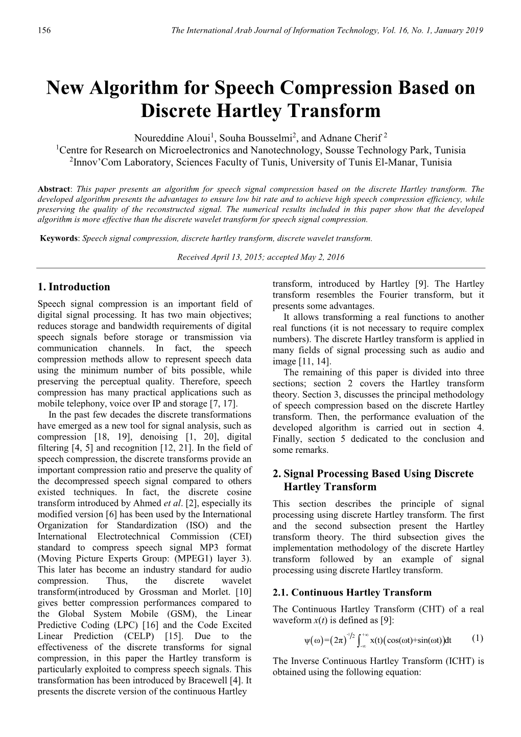 New Algorithm for Speech Compression Based on Discrete Hartley Transform