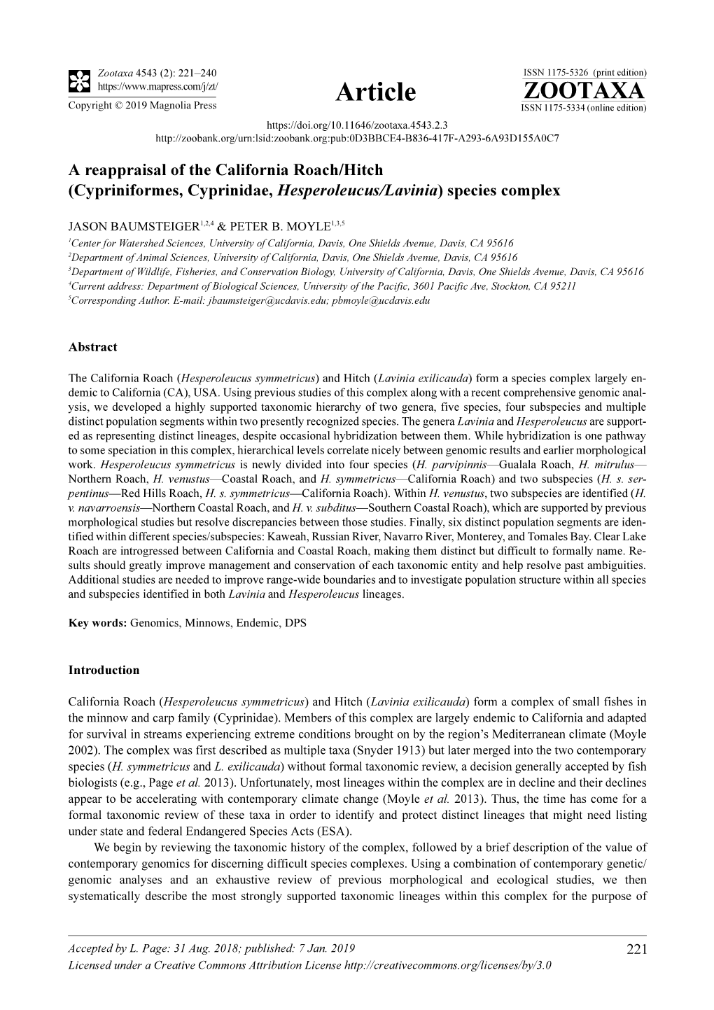 A Reappraisal of the California Roach/Hitch (Cypriniformes, Cyprinidae, Hesperoleucus/Lavinia) Species Complex