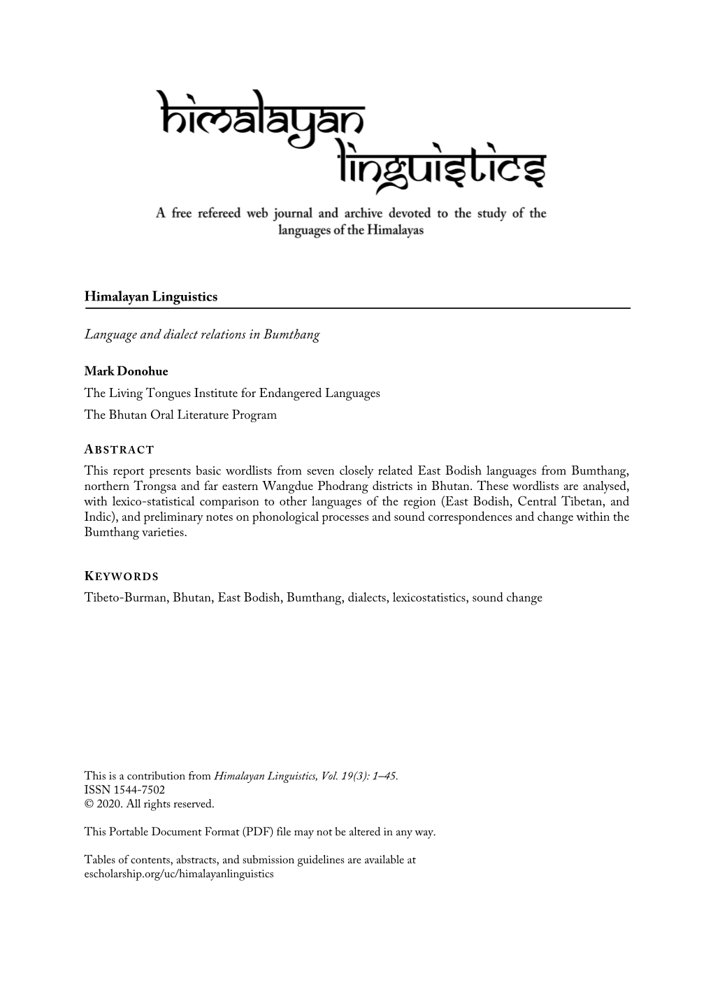 Himalayan Linguistics Language and Dialect Relations in Bumthang