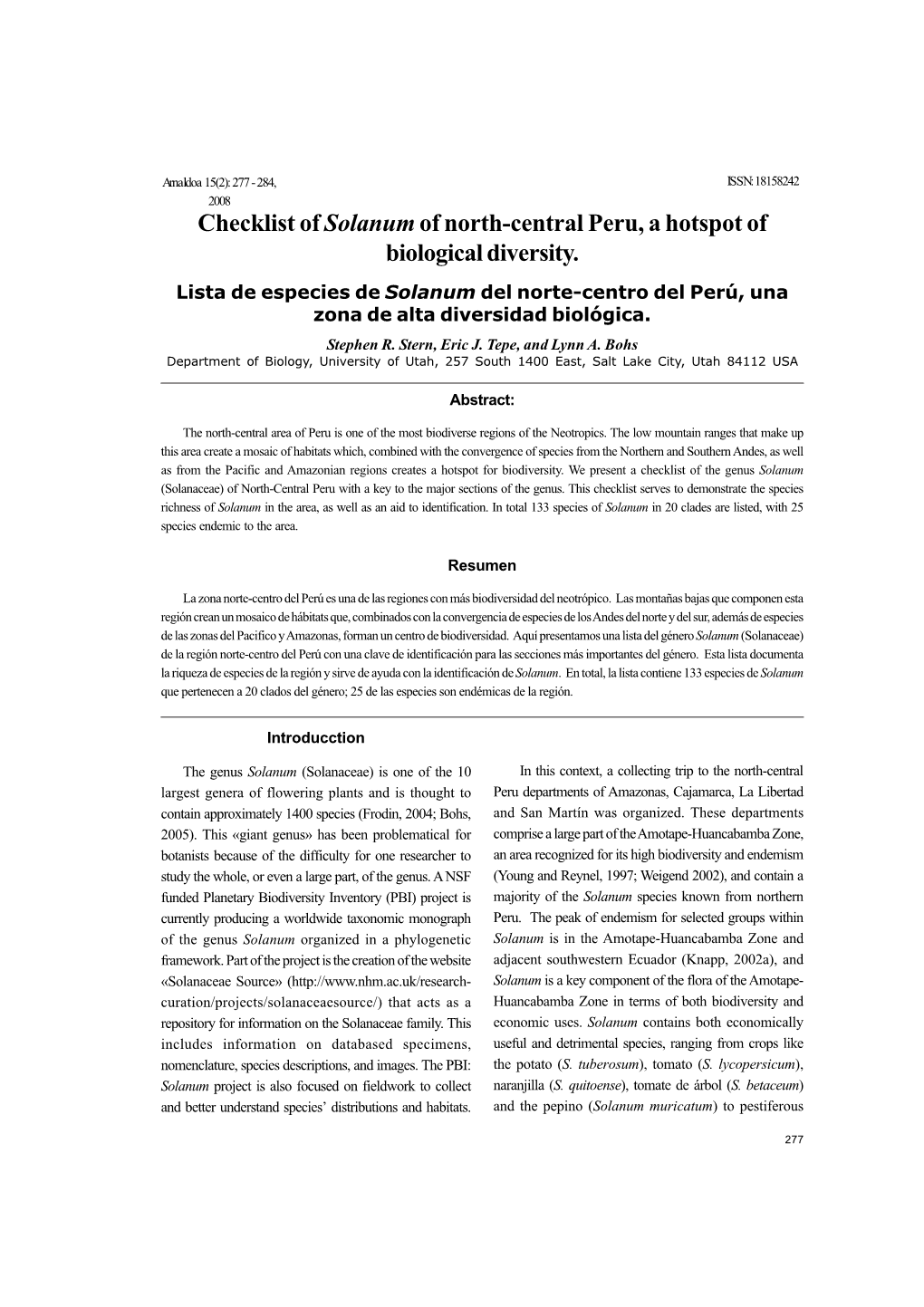 Checklist of Solanumof North-Central Peru, a Hotspot of Biological Diversity