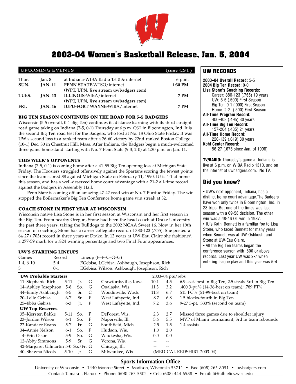 2003-04 Women's Basketball Release, Jan. 5, 2004