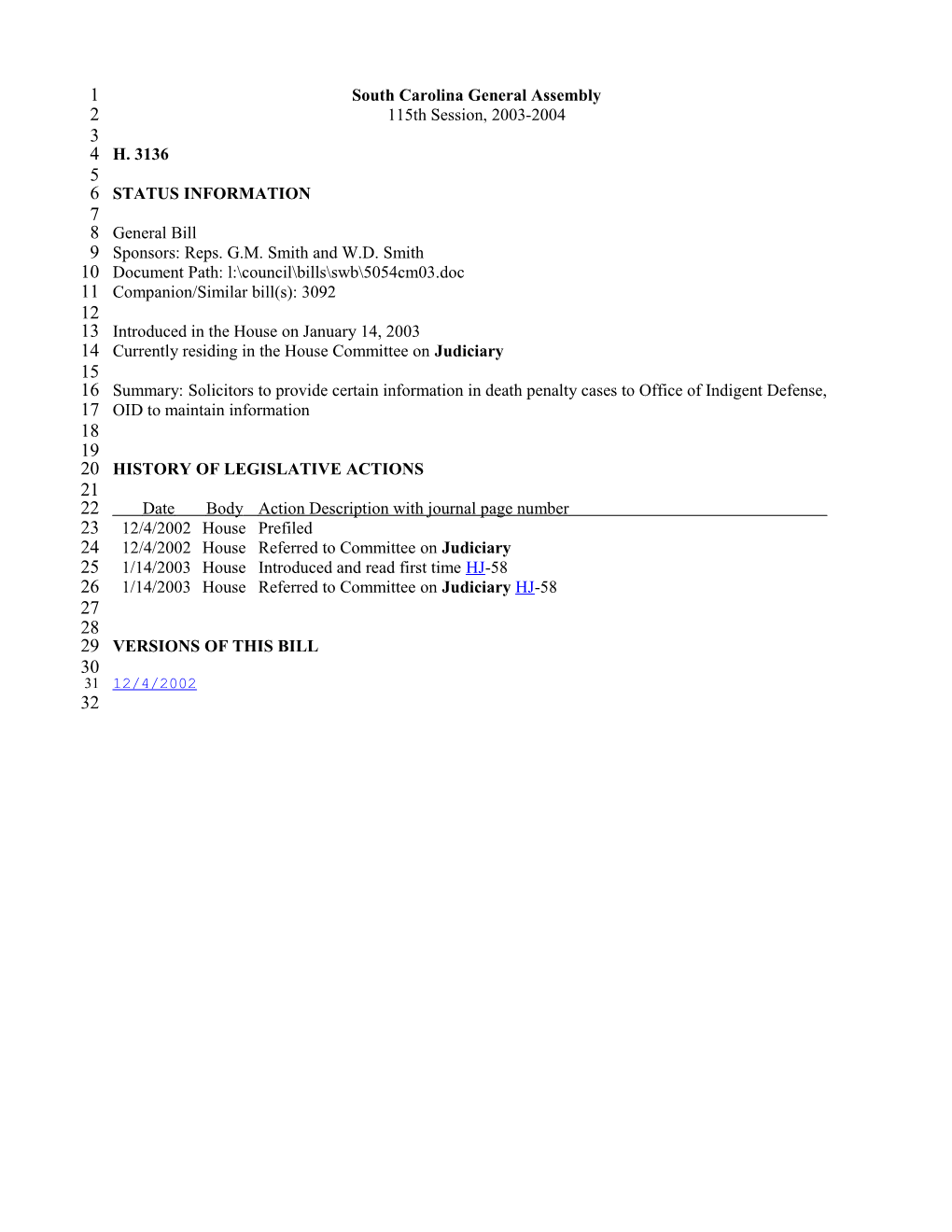 2003-2004 Bill 3136: Solicitors to Provide Certain Information in Death Penalty Cases To