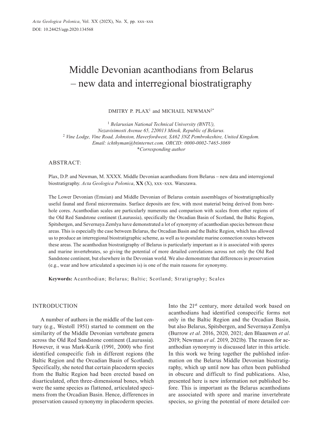 Middle Devonian Acanthodians from Belarus – New Data and Interregional Biostratigraphy