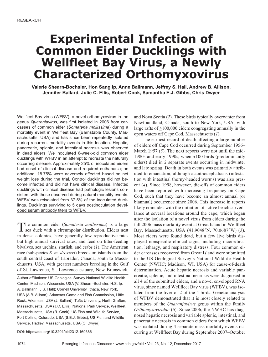 Experimental Infection of Common Eider Ducklings with Wellfleet Bay Virus, a Newly Characterized Orthomyxovirus